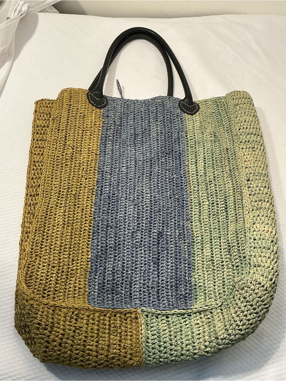 Annabel Ingall Colorblock Woven Tote in Mustard, Blue & Sage with Black Handles